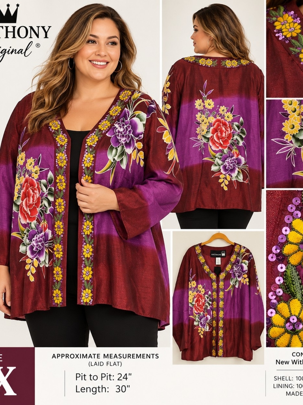 Antthony Original 2X Floral Embroidered Sequin Jacket Top Burgundy Purple NWT